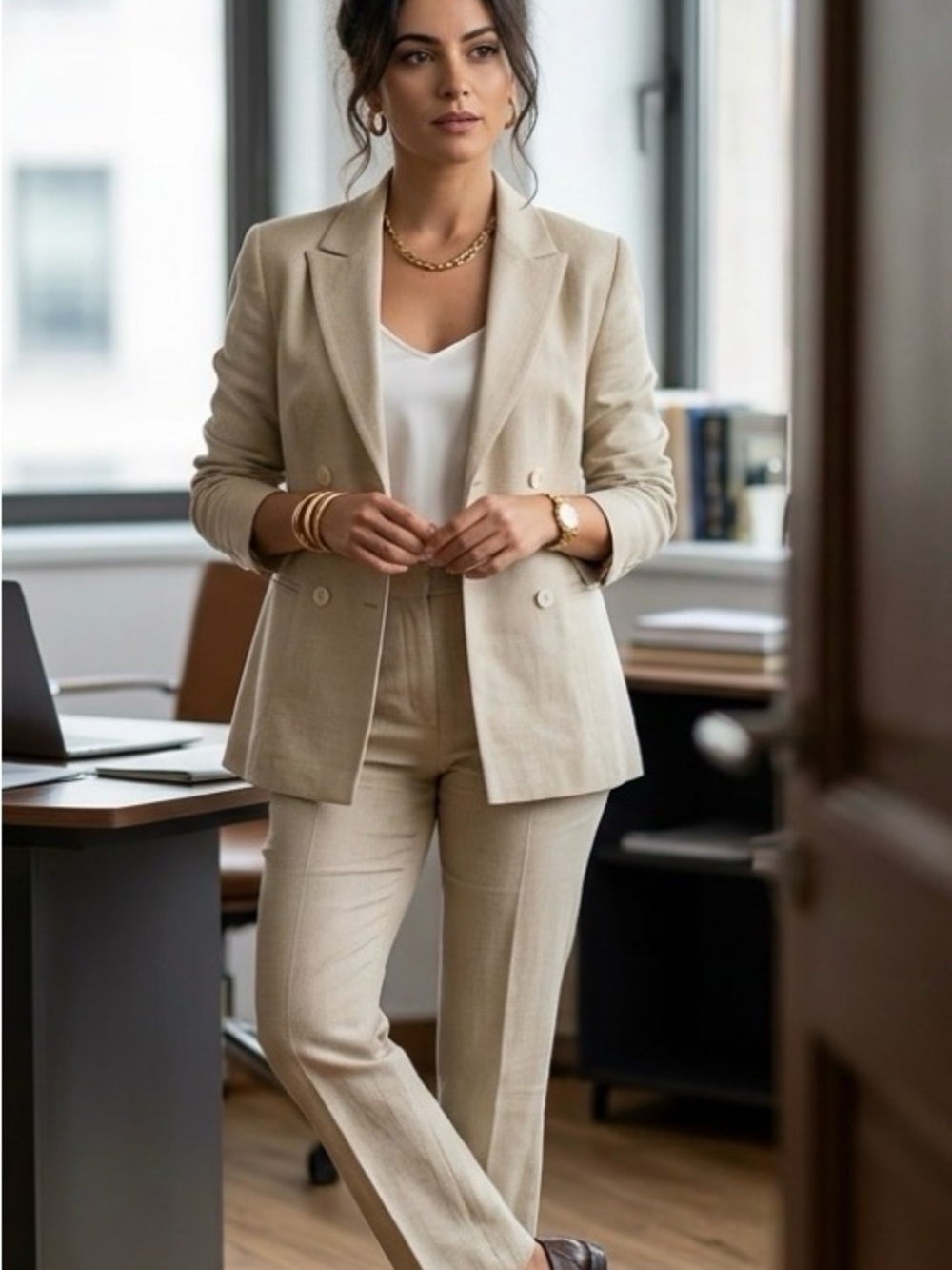 Vintage Wool Blend Casual Corner Beige Double-Breasted Blazer
